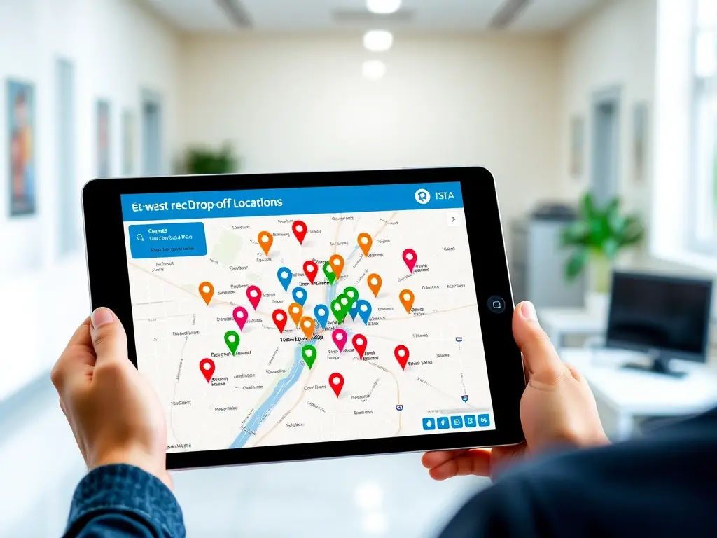 A map showing local e-waste recycling drop-off locations in a city, with pins indicating the addresses and contact information of each facility. The map is displayed on a tablet held by a person.