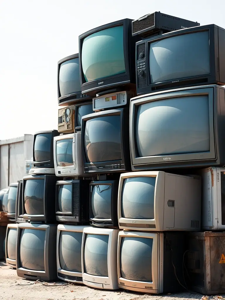 A collection of discarded televisions, including both CRT and flat-screen models, illustrating the different recycling processes required for each type due to varying materials and components at CyanRecycling.com.