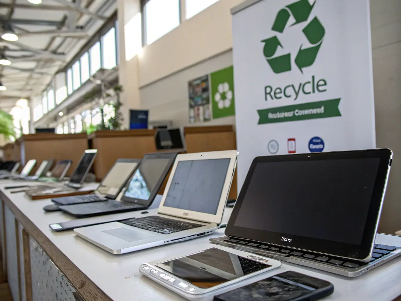A variety of electronic devices, such as smartphones, laptops, and tablets, being safely shredded and processed at an industrial e-waste recycling facility. The facility is clean and modern, with advanced recycling technology.