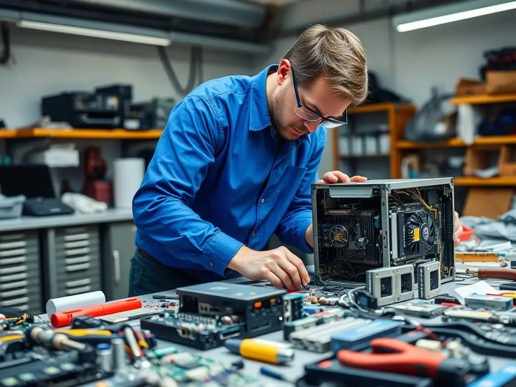A person wearing gloves and safety glasses carefully disassembling an old computer tower, separating the components into different recycling bins. The setting is a well-lit workshop with various tools and safety equipment visible.
