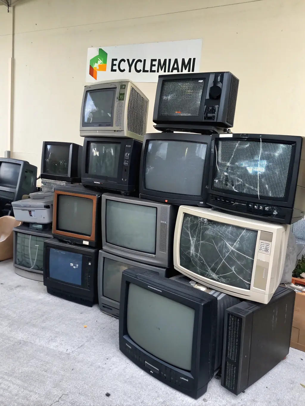 A stack of old computer monitors and laptops, highlighting the cathode ray tubes (CRTs) and LCD screens, emphasizing the need for specialized handling due to the presence of lead and mercury at CyanRecycling.com.
