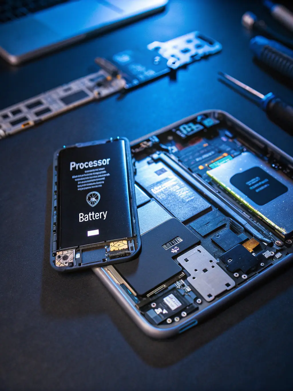 A close-up shot of a disassembled smartphone, showcasing the various components like the battery, circuit board, and screen, emphasizing the different materials that need to be separated for proper recycling at CyanRecycling.com.